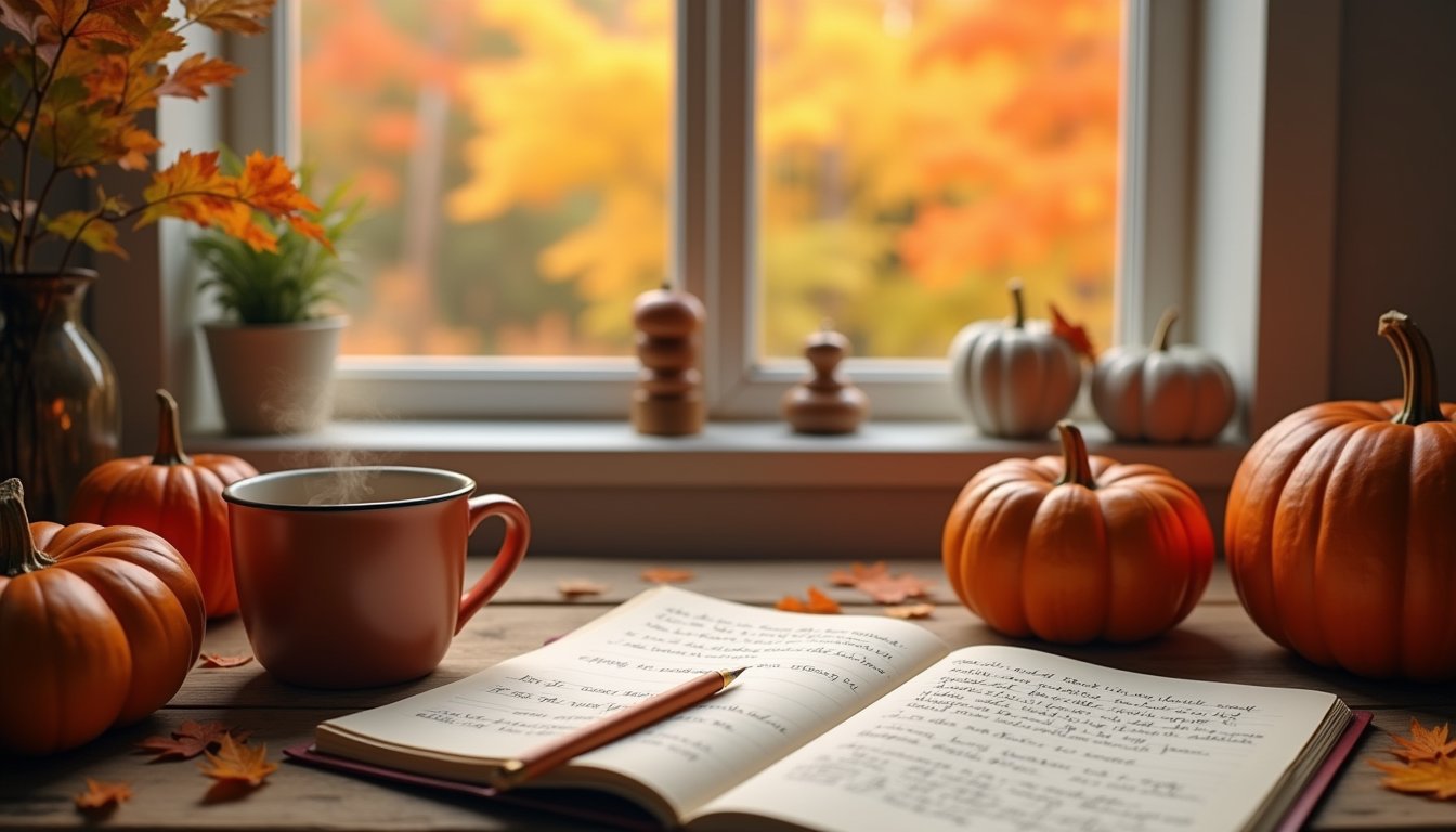 Professional showing signs of autumn burnout while working late at office with autumn leaves visible outside