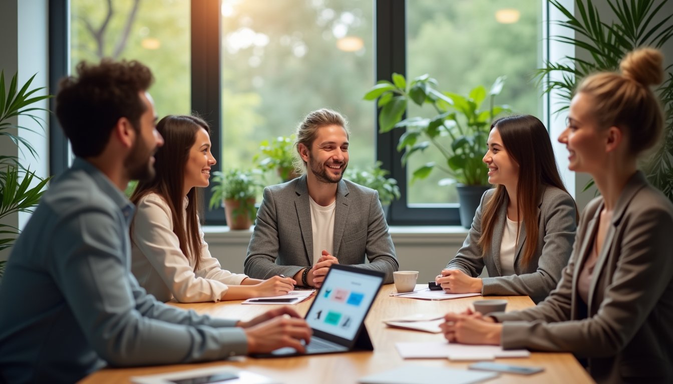 Diverse group of professionals in a supportive workplace environment discussing mental health wellness strategies during World Mental Health Day 2025 initiative