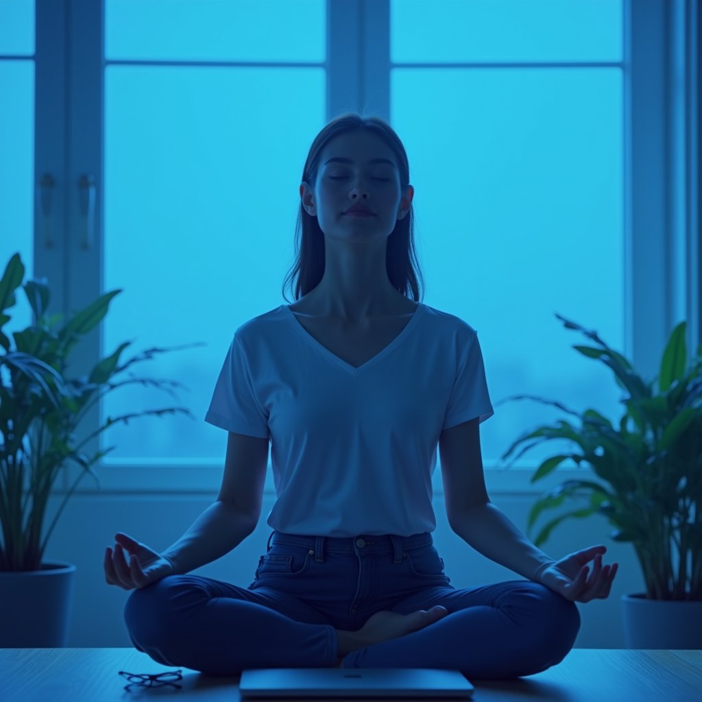 Professional achieving work-life balance through meditation in modern office