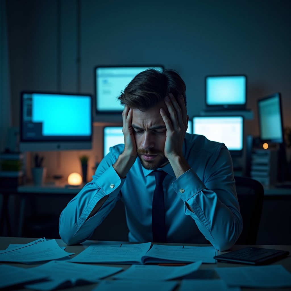 Stressed office worker experiencing workplace burnout symptoms